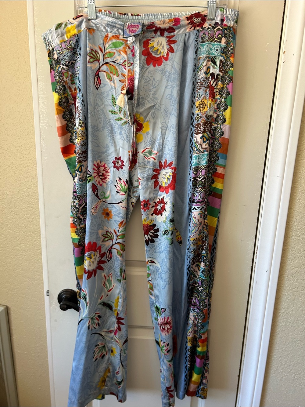 Johnny Was Light Blue Floral Wide-Leg Trousers with Colorful Stripe Panels